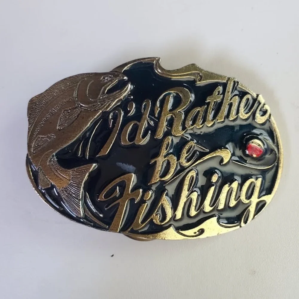 GREAT AMERICAN BUCKLE CO Belt Buckle Vintage 1985 I'd Rather Be Fishing Brass